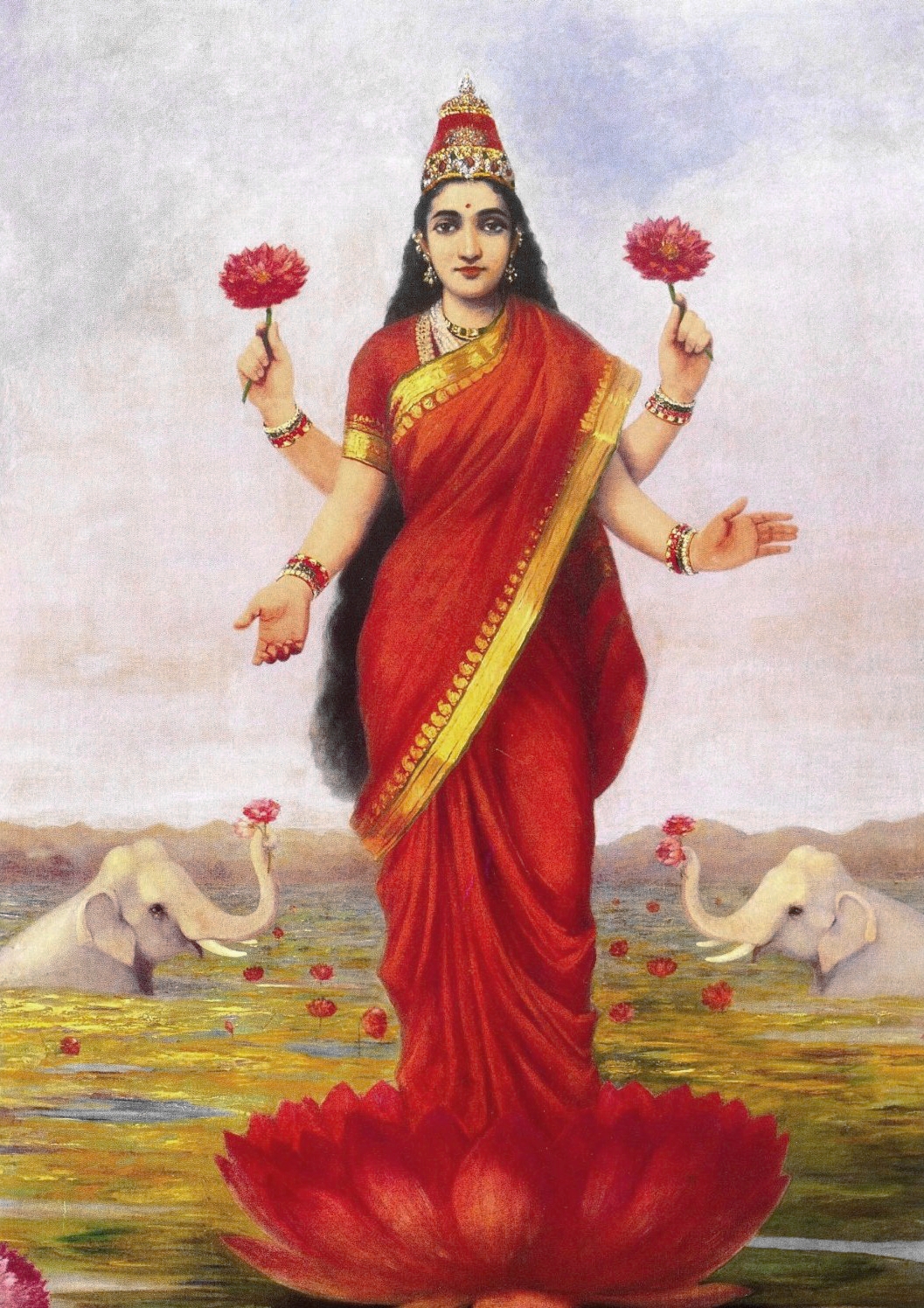Goddess Lakshmi standing on a lotus — Raja Ravi Varma