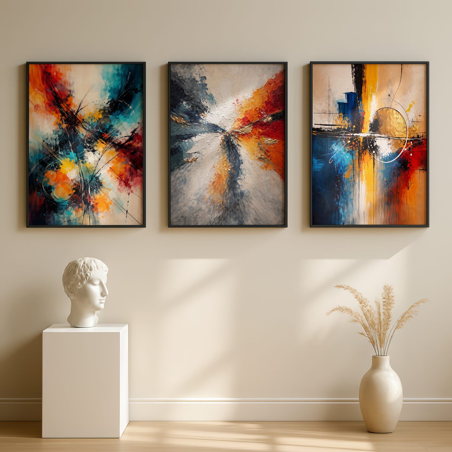 Bold Abstract Expressionist Canvas Wall Art – Vibrant Set of 3
