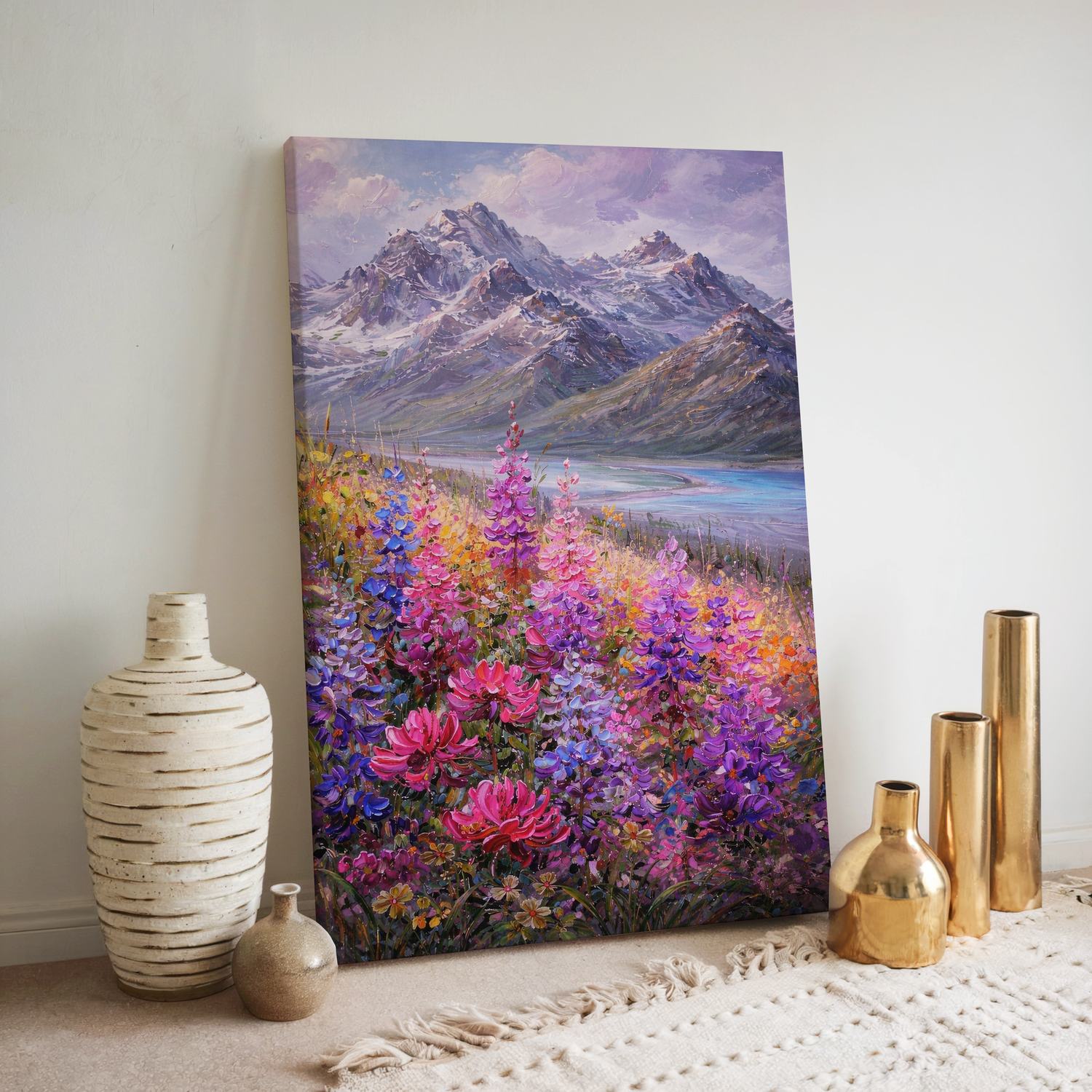 Wildflower Painting Canvas Wall Art for Living Room – Alpine Meadow & Mountains