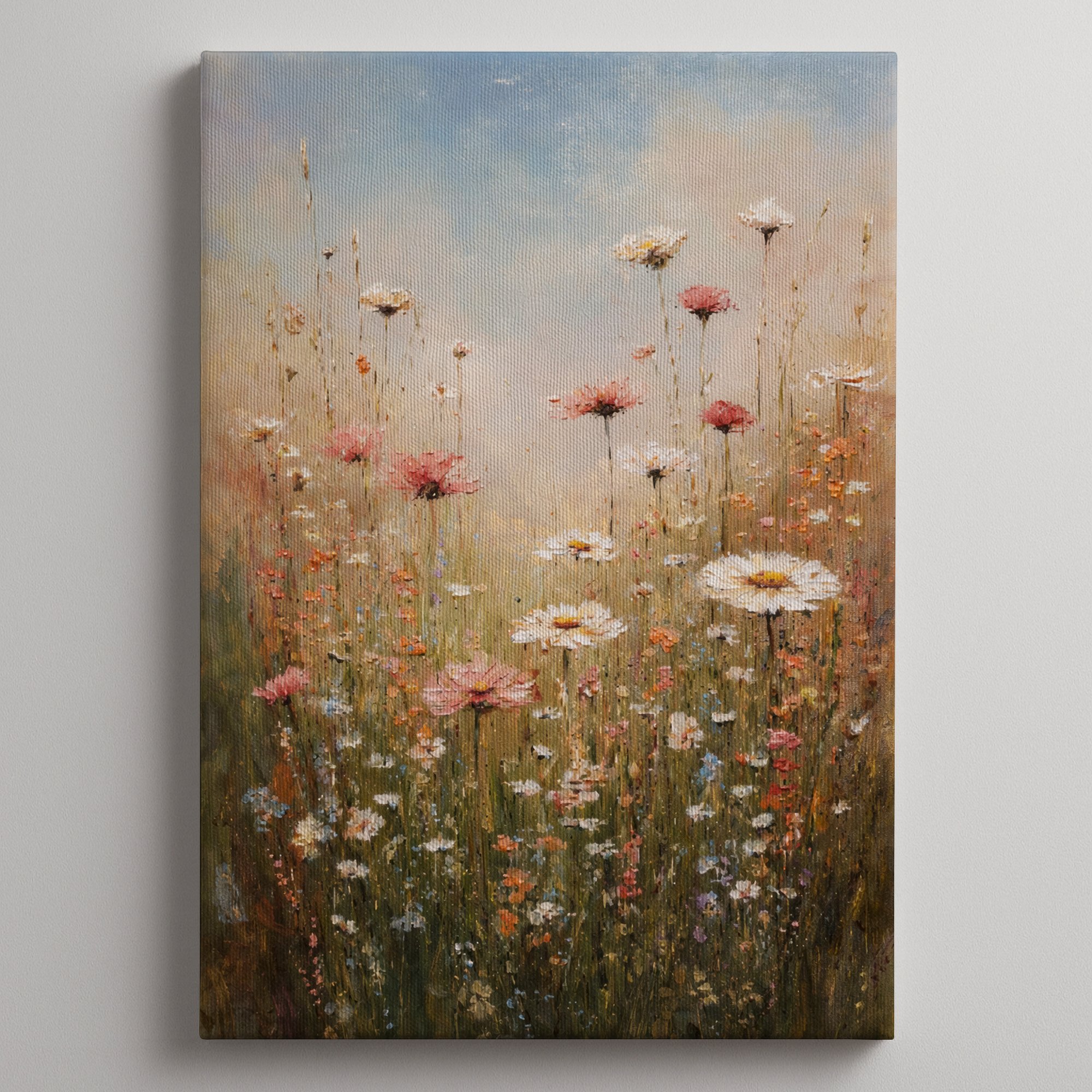 Pink Wildflower Canvas Wall Art for Bedroom – Pastel Meadow
