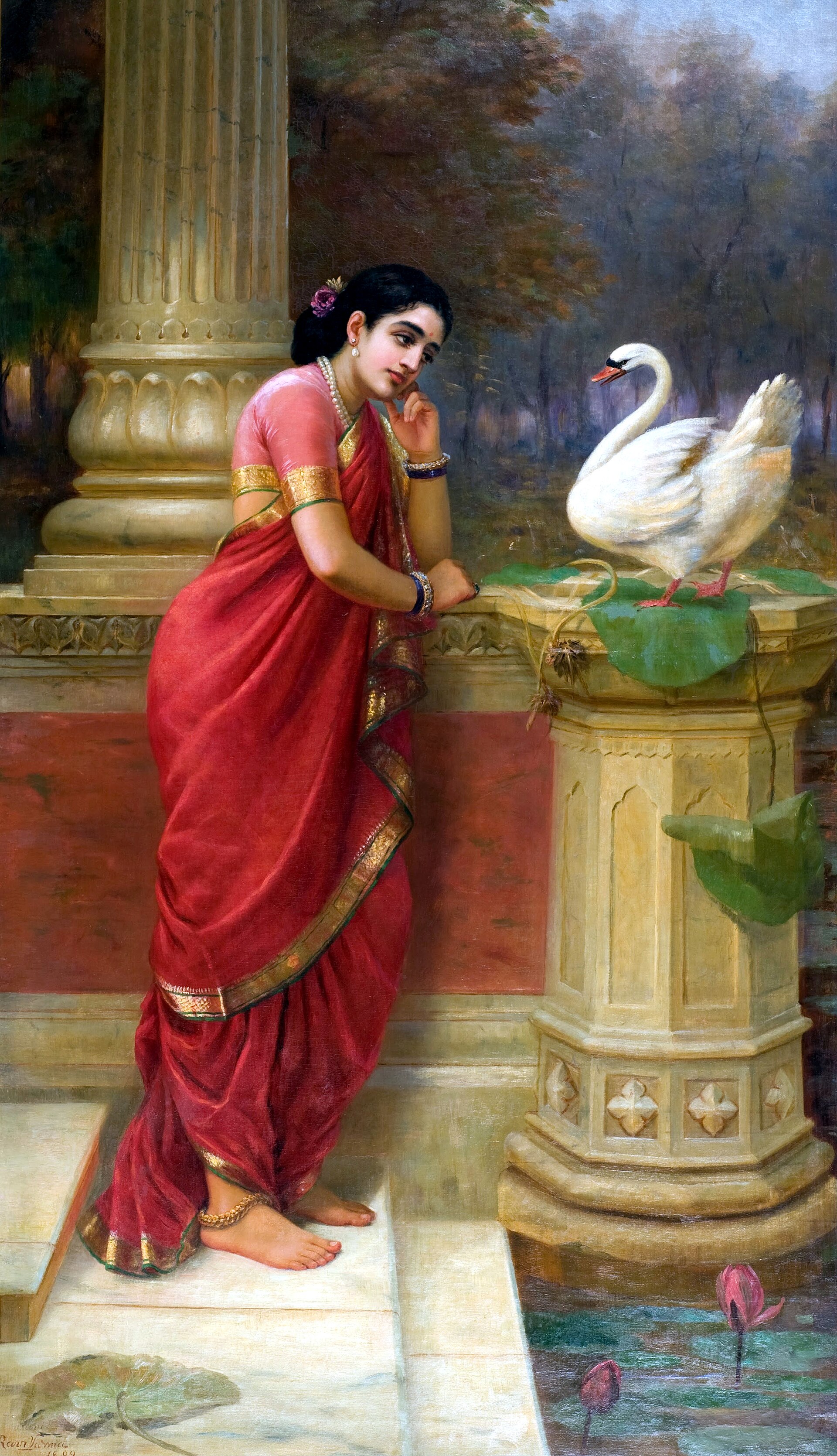 Hamsa Damayanti — Princess Damayanti talks with the royal swan about Nala — Raja Ravi Varma