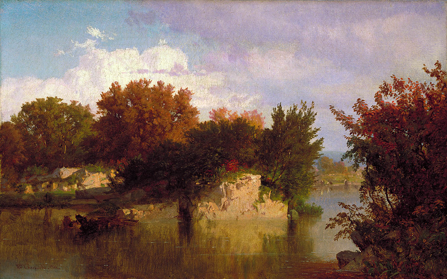 Trees along a Stream in Fall — William Trost Richards — autumn forest with golden foliage and a quiet figure beside a slow stream