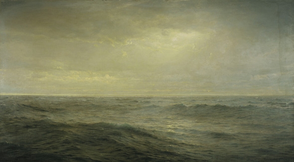 Old Ocean's Gray and Melancholy Waste — William Trost Richards, 1885 — stormy seascape with rocks, surf and a glowing horizon