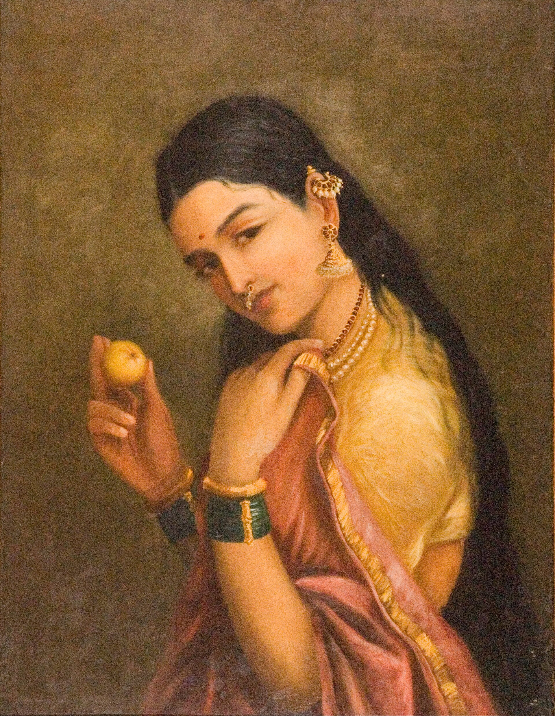 Woman Holding a Fruit — Lady with Fruit — Raja Ravi Varma — Google Art Project