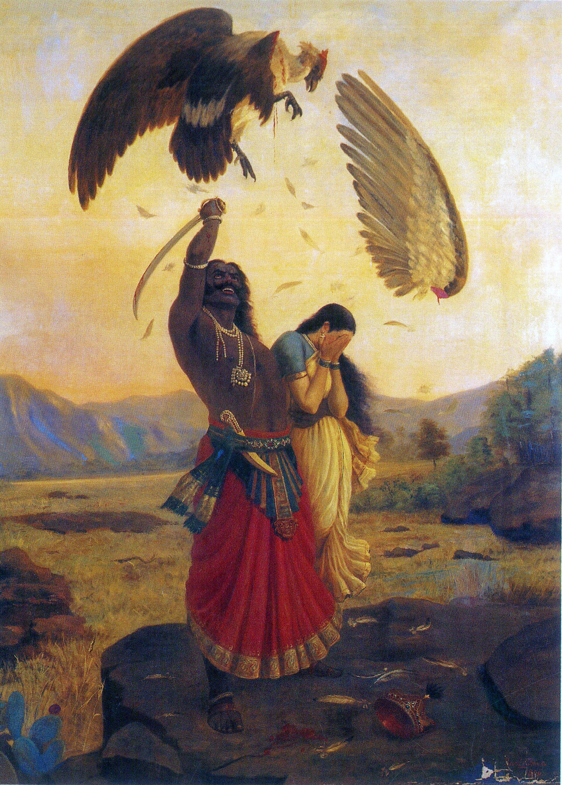 Jatayu Vadham — Jatayu fights Ravana, painted in the last year of Raja Ravi Varma's life