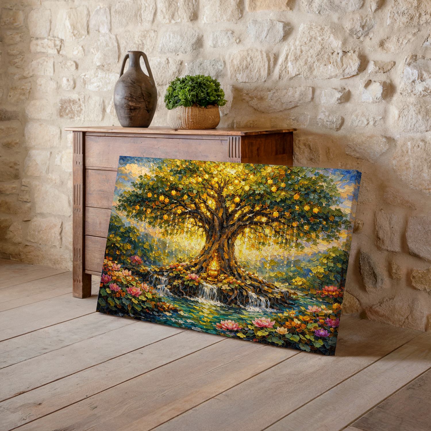 Tree of Life Painting Canvas Wall Art for Living Room – Golden Glow & Waterfalls