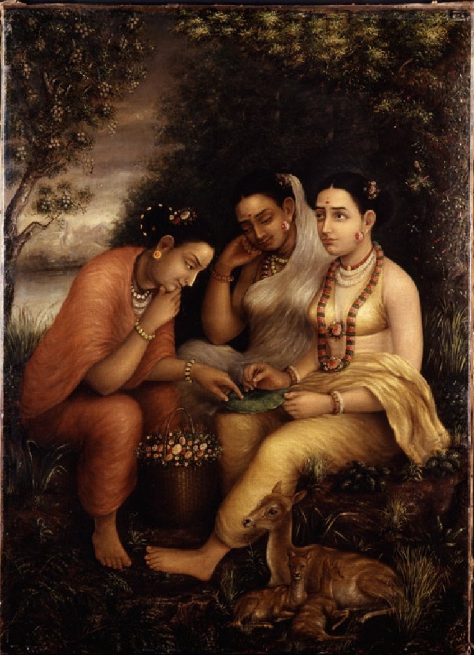 Shakuntala writing a love letter on a lotus leaf — Raja Ravi Varma