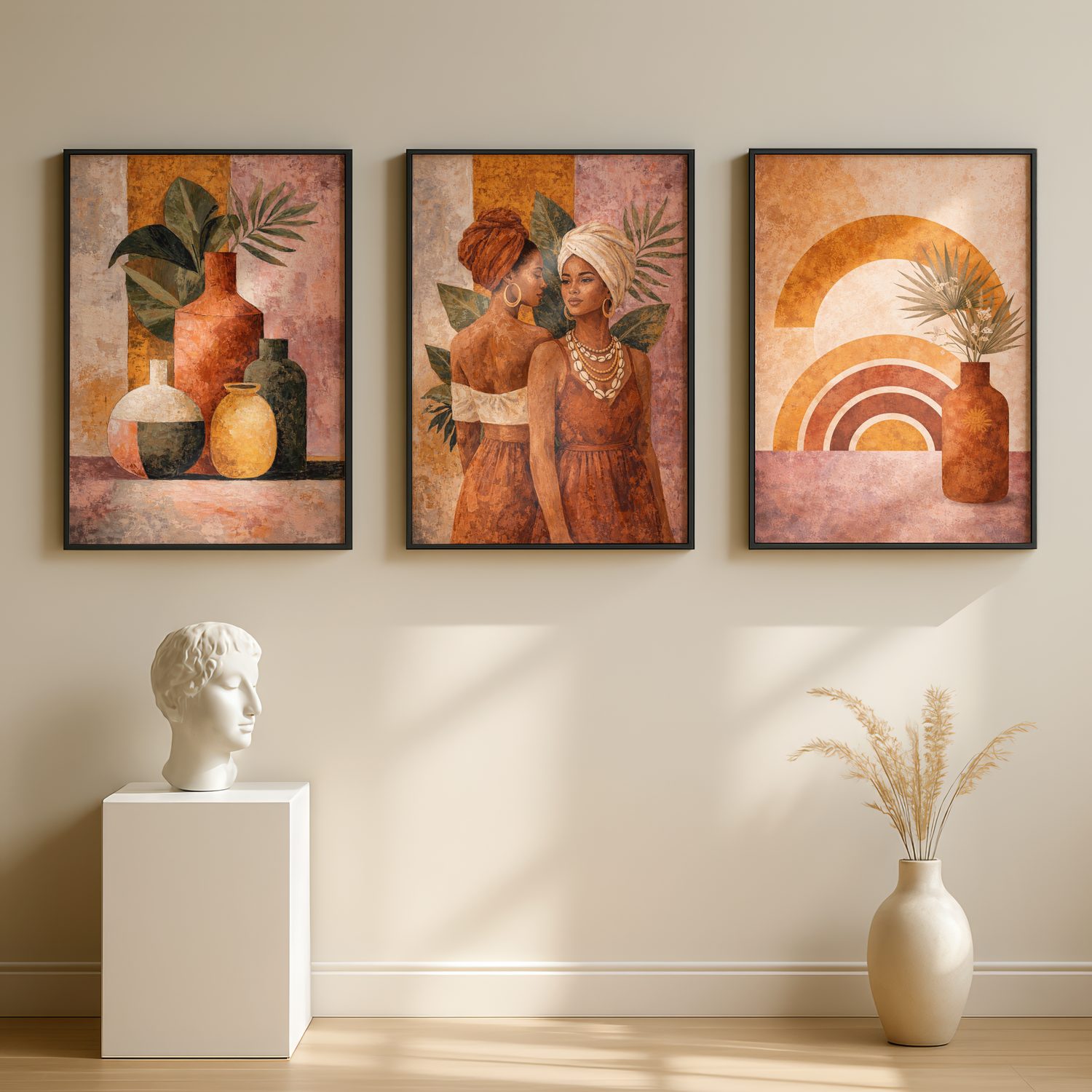 Boho African Canvas Wall Art for Living Room – Ethnic Set of 3