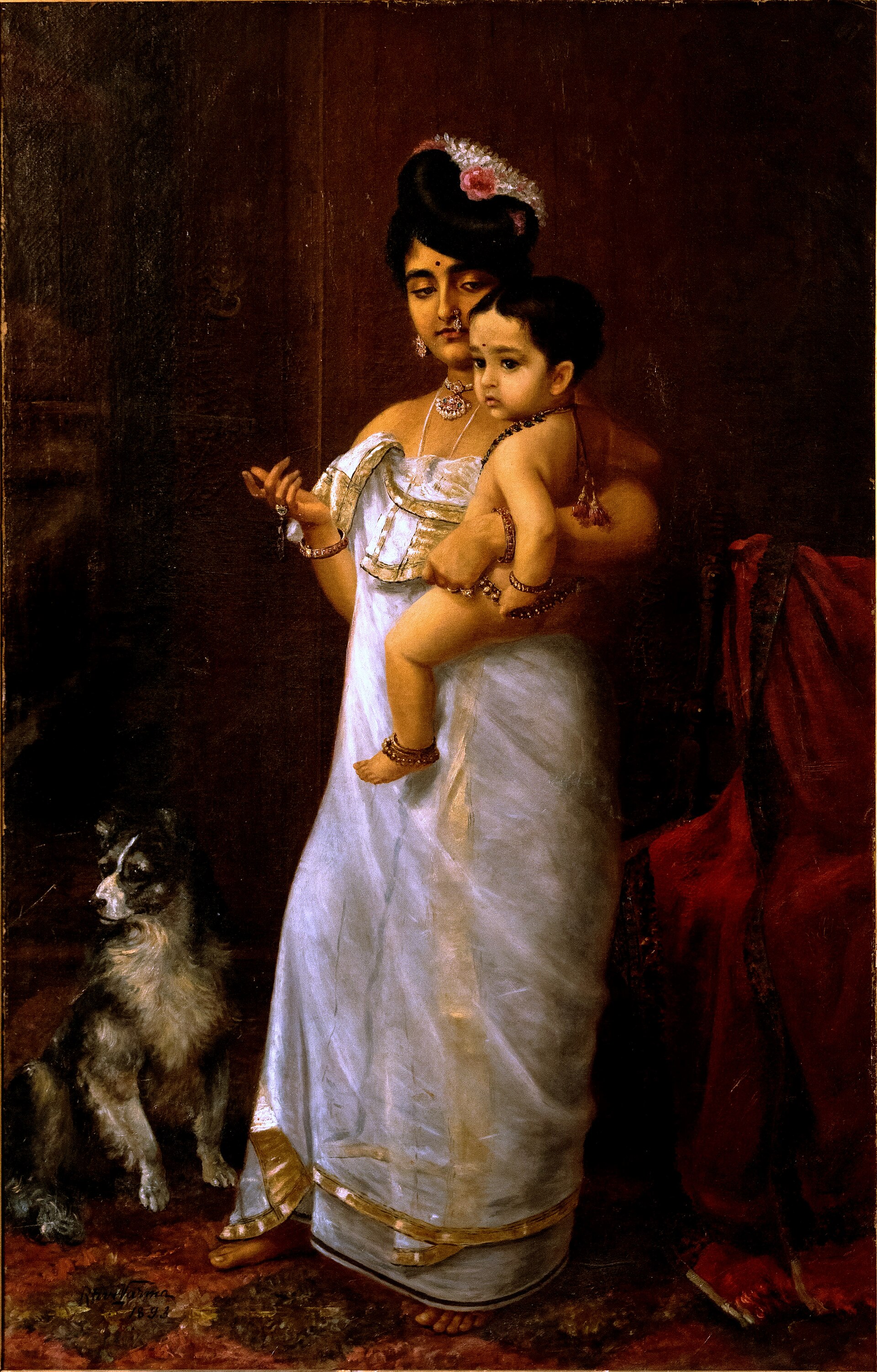 There Comes Papa — Raja Ravi Varma, 1893 — a domestic portrait of his daughter Mahaprabha and her son