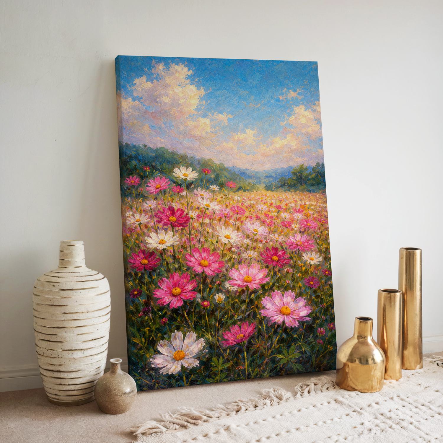 Flower Painting Canvas Wall Art for Living Room – Pink & White Cosmos Field