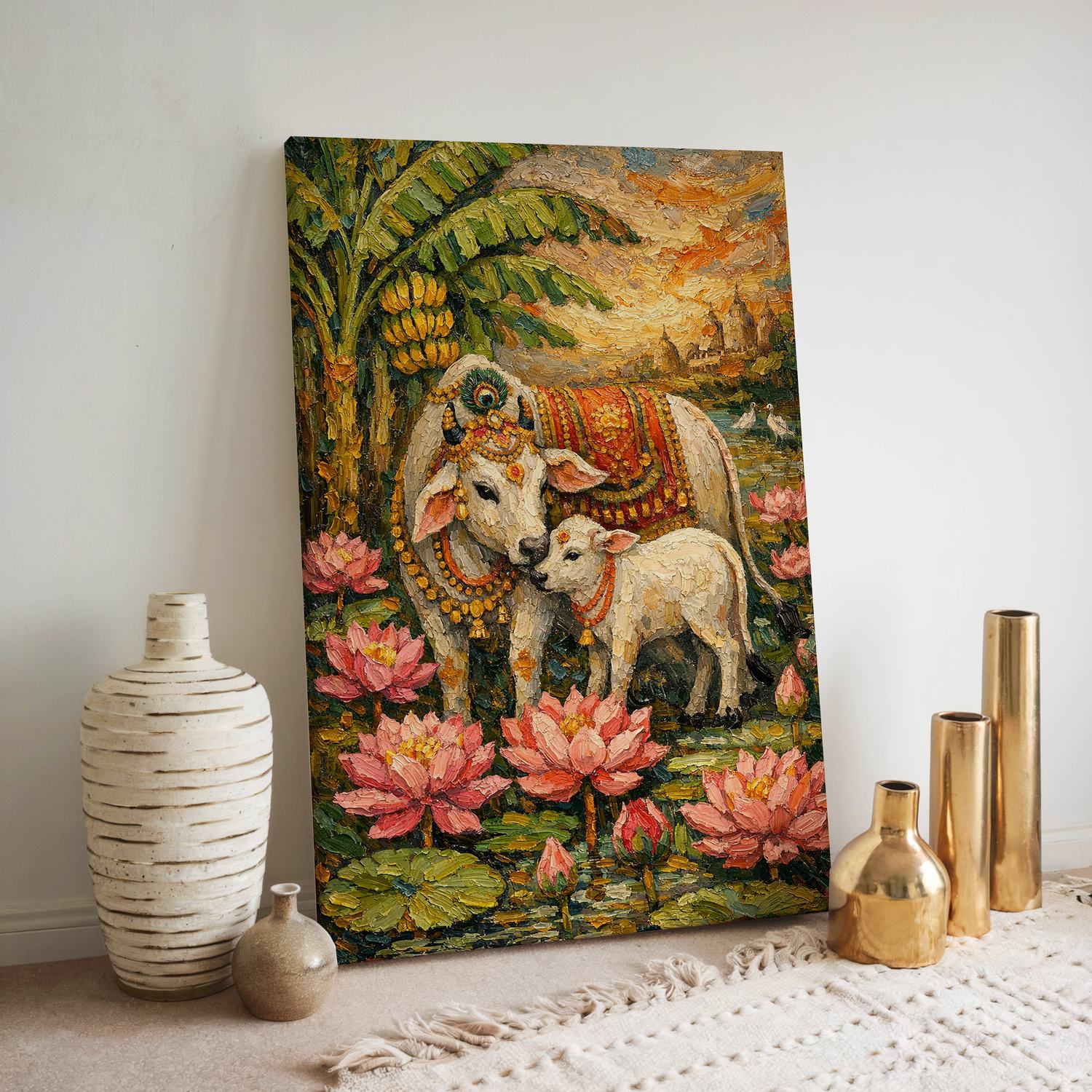 Kamadhenu Painting Canvas Wall Art for Pooja Room – Sacred Cow & Calf