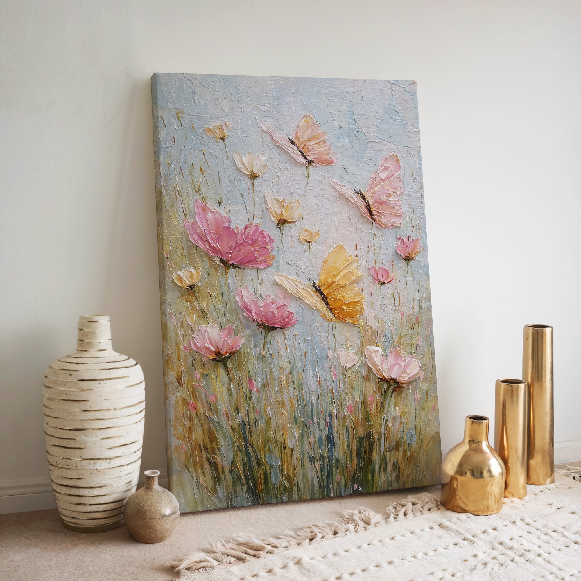 Butterfly Flower Canvas Wall Art for Living Room – Textured Floral