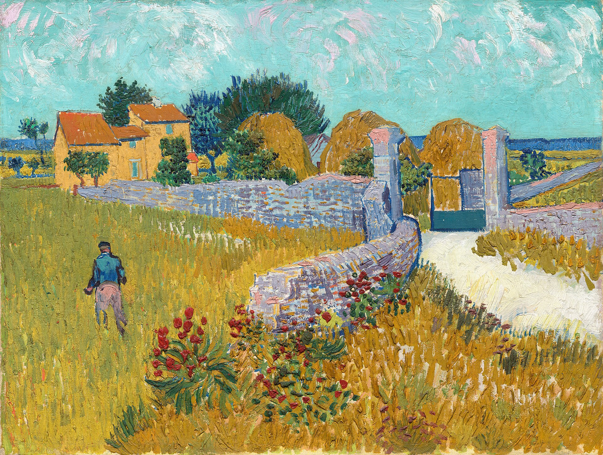 Farmhouse in Provence — Vincent van Gogh, 1888 — sunlit wheat field, stone wall, and a small figure walking under a brilliant sky